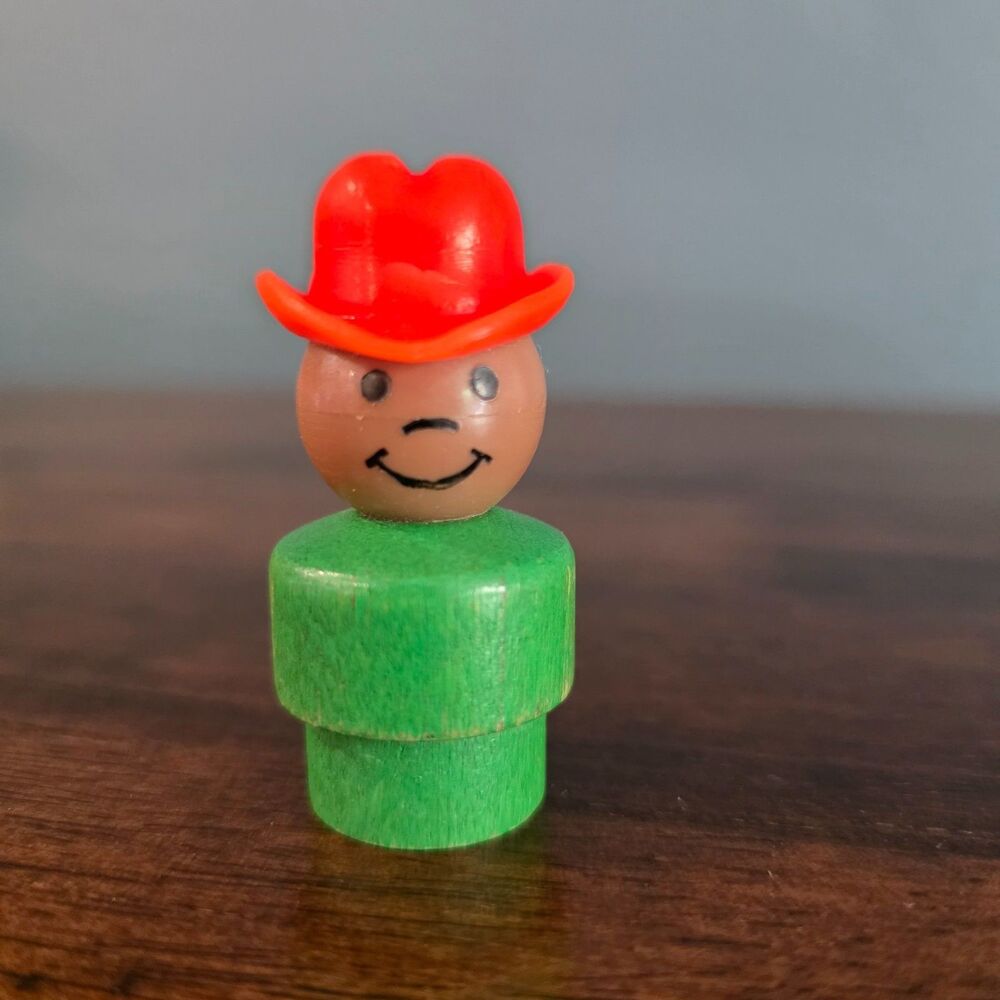 Vintage Wooden Fisher Price Little People Green Cowboy Red Hat